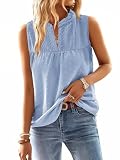 TUUHAW Tank Tops Tunika Damen Sommer Boho Bluse Ärmelloses Top Oberteile Fließend Casual Rüschen Süß Elegant V Ausschnitt T Shirt Lässig Keyhole Outfits Frühling Spitze Sexy Herbst Kleidung Blau M