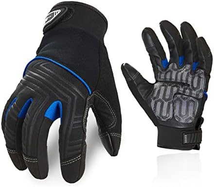 Vgo... 1 Pair Cowhide Leather Medium Duty Mechanic Work Gloves, Anti-Vibration, Anti-Abrasion, Safety Gloves (Size M, Black+Blue, CA9729HL)