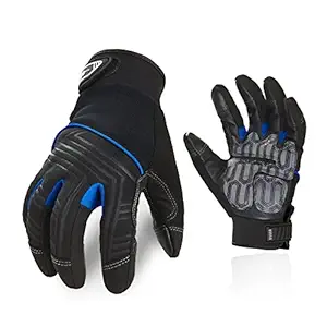 VGO... 1 Pair of Cowhide Leather Mechanical Work Gloves for Medium Use, Anti-Vibration, Anti-Abrasion, Safety Gloves ( L, Black + Blue, CA9729HL)