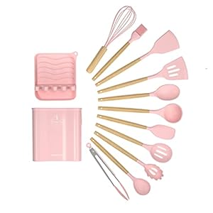 SHUMEIFANG Kitchen Tools, Cookware, 13-Piece Set, Kitchen Utensils, Wooden Kitchen Tools, Cooking Tools, Confectionery Utensils, Kitchen Utensils, Heat Resistant Silicone, Japanese Food Safety Certified, FDA Certified, Cooking, Turner, Ladle, Tongs, Spatula, Whisk, Brush, Spatula, Pasta Server, Ladle, Turner, Spoon, Dinnerware Set, Small Stand, Storage Included (Pink)