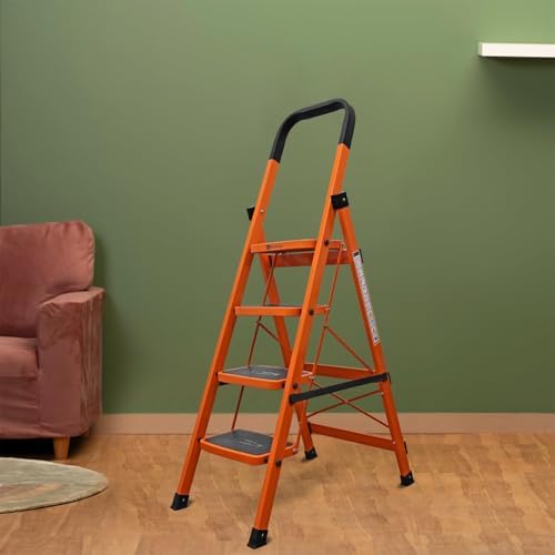 BonKaso Climb Steady Premium Alloy Steel Heavy Duty Multipurpose Foldable 4 Step Ladder with Connecting Frame & Belt Support for Home and Outdoor - (Orange)