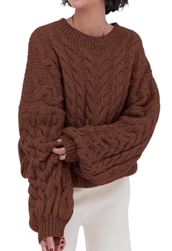 Image of PRETTYGARDEN Womens Sweaters Spring 2026 Cable Knit Long Sleeve Crewneck Oversized Sweater Chunky Pullover Loose Outfits