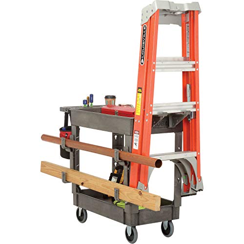 Plastic 2 Shelf Service Cart with Ladder Holder and Utility Hooks, 38
