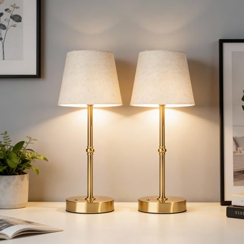 fuaoddda Cordless Touch LED Fabric Table Lamp,Rechargeable Gold Small Lamp,Stepless Dimmable Bedside Lamp with 6000mAh Battery Operated USB-C Port, for Dining, Bedroom and Patio Gold 2PCS