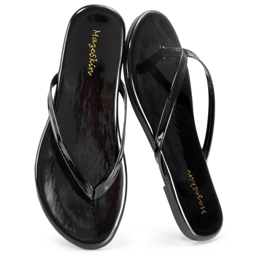 mazeskin Women's Memory Foam Comfortable Flat Thong Sandals Dressy Summer Beach Leather Slide Flip Flops,Black Patent US8