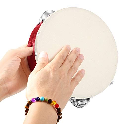 2 Pieces (8 Inch And 6 Inch) Wood Handheld Tambourine Drum,Tambourine For Adults Double Row Metal Jingle Bells Wooden Tambourines Musical Percussion Instrument(Red) #TOP3
