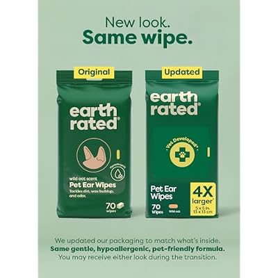 Earth Rated Dog Ear Wipes, Vet-Developed Pet Ear Wipes for Dogs & Cats, Hypoallergenic Cleaner to Remove Dirt and Wax, Wild Oat Scent, 70 Count