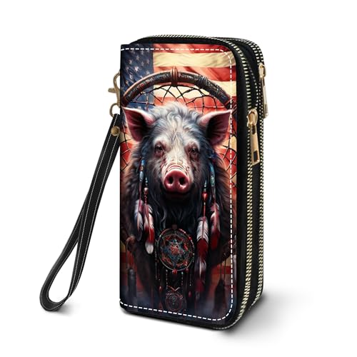 FVAENDHIO Women's Large Capacity Wallet PU Leather Double Zipper Clutch Purse Multifunctional Wallet with Removable Wristlet Strap for Smart Phone/Coin/Card/Cash, American Flag Dreamcatcher Pig