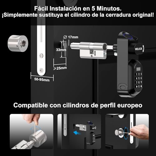 Miniatura 5 de Welock U81 Smart Lock,Cerradura Inteligente Con Huella Digital,Contraseña,Tarjeta Rfid Y App,Cerradura Inteligente Wifi,Cerradura Electronica Exterior Para Puertas De 50-90mm,Fácil Instalación