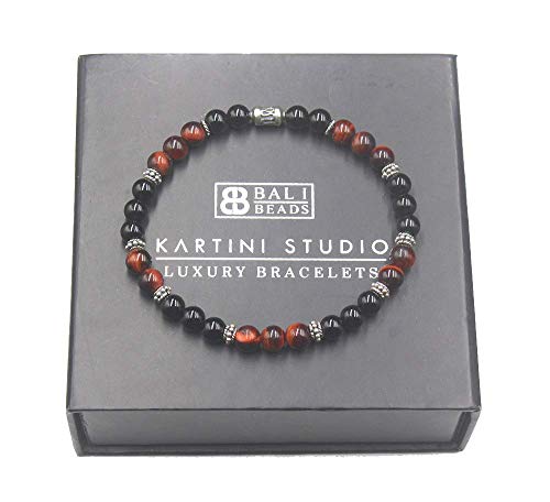 Polished Black Onyx And Red Tiger's Eye Bracelet, Stone And Sterling Silver Beads Bracelet, Men's 6Mm Bracelet #TOP5