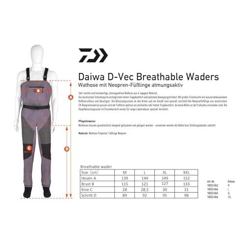 Daiwa Wathose D-Vec Breathable Waders M - XXL Wathose atmungsaktiv mit Neoprenfüßlingen (M) – Bild 4