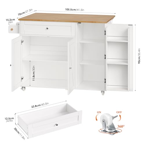 Miniatura 4 de Hocsok Isla De Cocina, Carrito De Cocina Con 5 Ruedas, Armario De Cocina Con Encimera Y Cajones Plegables, Isla De Cocina, Mueble De Bar Independiente Para Cocina Y Comedor, Color Blanco