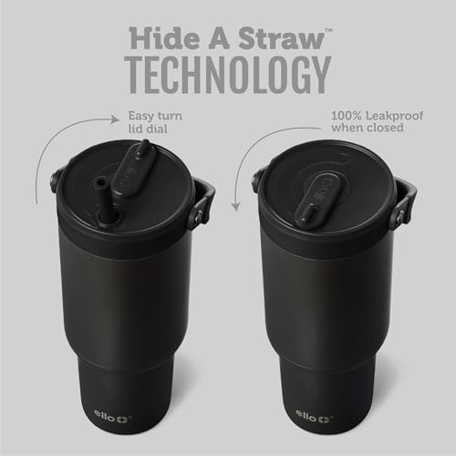 Image of Ello Oasis Go+ 26oz Tumbler with Top Handle and Retracting Straw | Reusable Insulated Stainless Steel Cup, 100% Leakproof Water Bottle, 24 Hours Cold, Cup Holder Friendly For Travel | Black