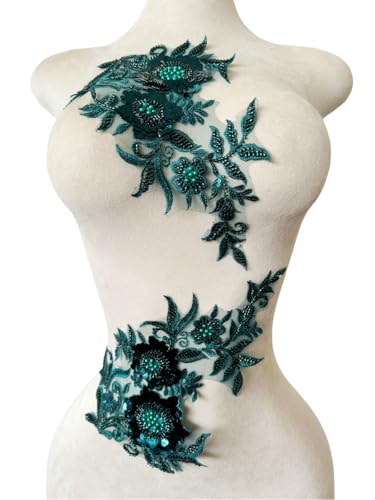 wtbv.n Sewing Beads lace Applique one Pair sew on Pearl Trimming Patch Decorative Accessories for Clothes 2pieces/Bag 11.8X7.08inches (Dark Green)