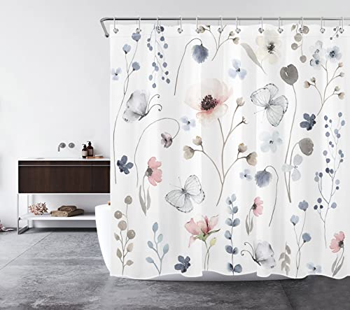 Weeneo Boho Floral Shower Curtain Blue Pink Grey Plant Flower And Butterfly Shower Curtain Set For Bathroom Rustic Farmhouse Botanical Waterproof Fabric Bath Curtain With 12Pcs Hooks, 72X72 Inch #TOP2