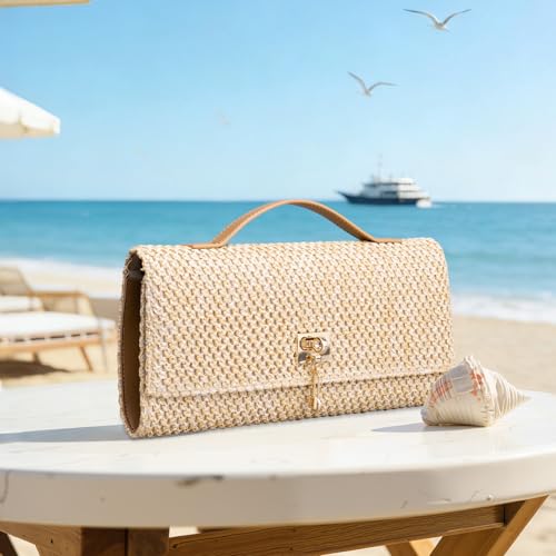 Larcenciel Top Handle Straw Clutch Purses for Women with Turn Lock Closure, Summer Woven Beach Purse & Chain Strap, Boho Crossbody Shoulder Handbags for Wedding Prom Night Vacation,11.8x5.5x1.2inch by Larcenciel - Used condition - Image 3