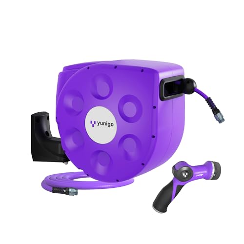 YUNIGO UNITY 100ft, Wall-Mounted Retractable Hose Reel, Slow Rewind, Complete System with Spray Nozzle, 180° Pivoting Mount, Fully Preassembled Compact System for Home & Garden Watering by Yunigo - Used condition - US$95.89