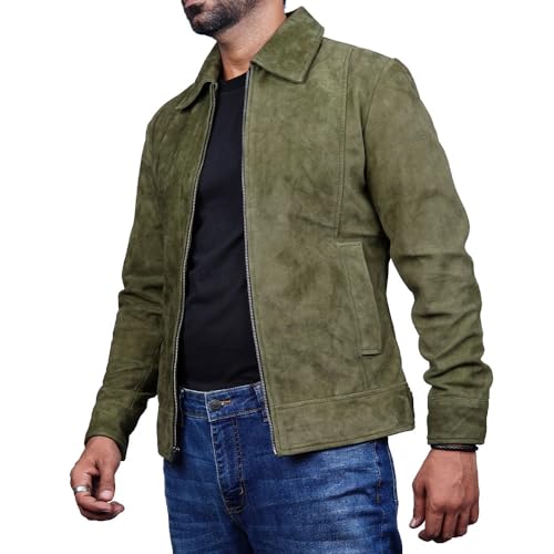 Image of Mens Polo Collar Zipper Suede Shirts Long Sleeve Shacket Suede Trucker Jacket Real Suede Leather Shirt