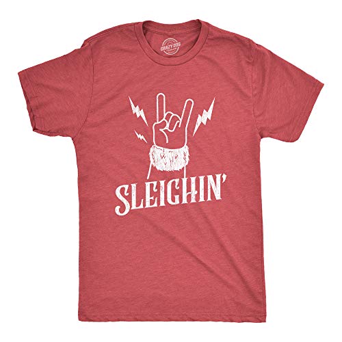 Mens Sleighin T Shirt Funny Santa Claus Christmas Rock and Roll Metal Fingers Graphic Tee Funny T Shirts Christmas Apparel for Men Cool Music Short Sleeve Red L