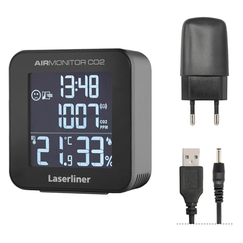 Laserliner CO₂ Messgerät AirMointor, NDIR Sensor Sensirion SCD30, Luftqualitätsmonitor mit Alarm & Lüftungsempfehlung, Temperatur, Luftfeuchtigkeit & Uhrzeit Anzeige, für Büro, Schule & Zuhause