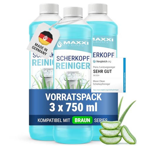 Maxxi Clean | 3x 750 ml Płyn uzupełniający do czyszczenia głowic golących do wkładu czyszczącego | Płyn czyszczący do golarki kompatybilny ze stacją czyszczącą Braun | Spray czyszczący o zapachu aloe