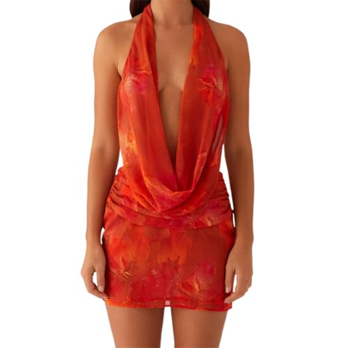 Mini robe dos nu à col bénitier pour femme - Col en V profond - Dos nu - Robe courte en maille Y2K - Robe de boîte de nuit, rouge corail, S