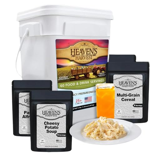 Heaven’s Harvest 25-Year Family Food Kit — Emergency Food Supply. Freeze Dried Survival Food Kit + Water-Proof 25-Year Storage Bucket. MRE Meals/Non-Perishable & Perfect Camping Food (60 Servings)