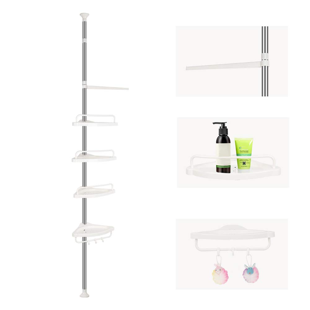 LANTUS Étagère de Douche Réglable en Hauteur, Étagère de Salle de Bain, Rangement Salle de Bain Télescopique, Hauteur Totale, en INOX, 4 Niveaux, 1 Porte-Serviettes (254-304 cm (Plastique) Blanc)