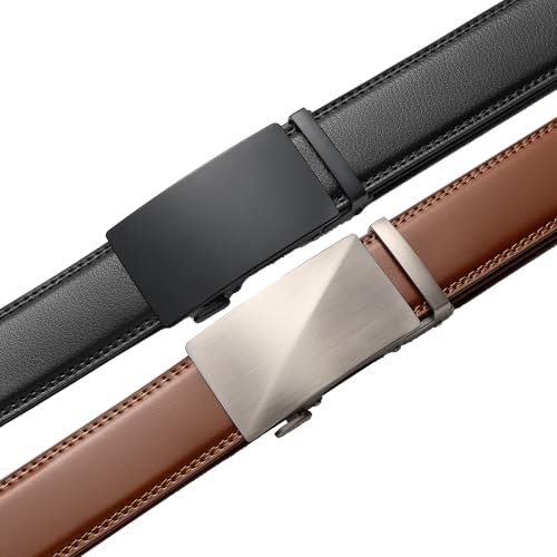Image of Founders & C Mens Belt 2 Pack,Leather Ratchet Click Belt Dress with Slide Buckle 1 3 /8 inch in Gift Set Box- Size Adjustable