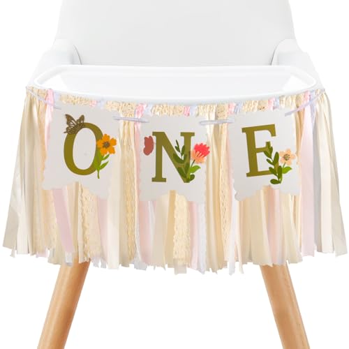 Image of Blossom High Chair Banner with Flower & Butterfly- Floral inchONE inch First Birthday Decor for Baby Girls, Little Fairy 1st Highchair Garland, Cake Smash Photo Prop