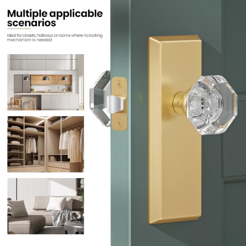 Image of Antique Crystal Passage Door Knobs Interior Non-Locking, Brushed Gold