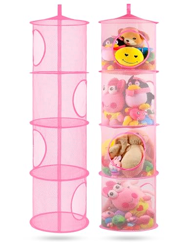 coastal rose 2Pcs Stuffed Animal Storage Foldable Stuffed Animal Net or Hammock Organizer, 4 Compartments Hanging Mesh Toy Storage Hammock for Kid Room Toys, Gloves, Hats, Socks（Pink）