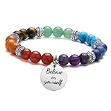 MANIFO 7 Chakra Healing Crystal Gemstone Bead Stretch Bracelet with Engraved Text Charm (Believe in...