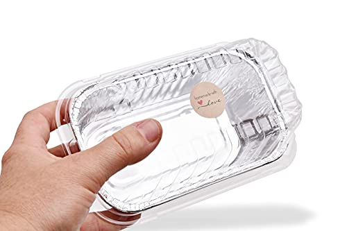 Mwnxia Mini Disposable Aluminum Loaf Pans Complete With Clear High Dome Lids - Pack Of 50 Pans, 50 Lids & 50 Homemade With Love Stickers 1Lb - 6'' X 3.5" X 2" Perfect For Baking Baked Bread Cakes #TOP5