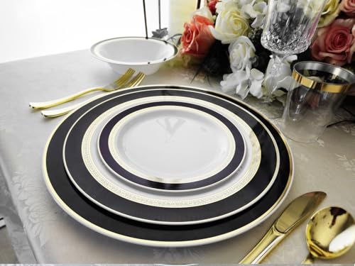 " OCCASIONS " 50 Plates Pack (25 Guests)-Heavyweight Wedding Party Disposable Plastic Plate Set -25 x 10.5'' Dinner + 25 x 7.5'' Salad/dessert plates (Ritz Black and Gold)
