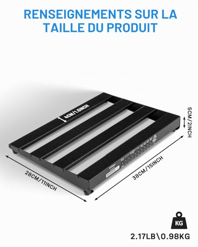 STRICH Pedalboard guitare avec alimentation intégrée – Léger et robuste – 38 x 28 cm – 985 g – Alliage d’aluminium léger – Housse incluse – Bandes auto-agrippantes – PB-S15 – vue 3