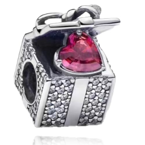 MGIUL 925 Sterling Silver Charms para Pulsera y Collar Caja de Regalo Corazón Rojo Pendant Beads Christmas Day Día de la Madre Joyas de Regalo para Mujer