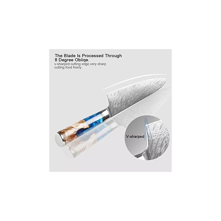 The-Epicurean-Cook-8-PC-Professional-Knife-Set-with-Burl-Wood-Resin-Handles-Blue-Resin-Handle Epicurean Cook Tidal Collection 8 PCS Damascus Knife Set Japanese Kitchen Knives with VG10 Steel Core Ultra-Sharp Professional Chef Knife Set with Elegant Box and Blue Resin and Burl Wood Handles