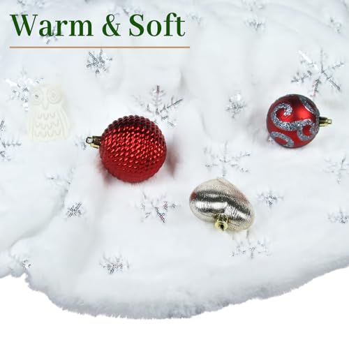 Christmas Tree Skirt, 30 Inch Faux Fur White Snowflake Christmas Tree Skirt Suitable for Christmas Tree Decoration, Vacation House Decoration, Xmas Party Decoration, Silver Snowflake Home Decoration