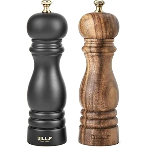 Bill.F Salt and Pepper Grinder Set, Wood Pepper Mill Set of 2 Manual Salt Pepper Shakers Grinder Refillable 7 Inch with Adjustable Ceramic Grinding Rotor(Black and Wood Color) Cover