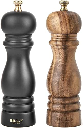 Bill.F Ensemble de moulins à sel et à poivre en bois Lot de 2 salières et poivrières manuelles rechargeables 17,8 cm (noir et bois) Cover