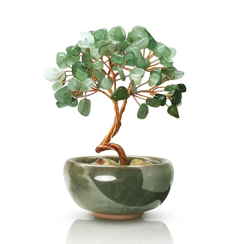 Green Aventurine Crystal Tree Harmony Office Desk Home Decor Vitality Gift with Copper Wire in Ceramic Base