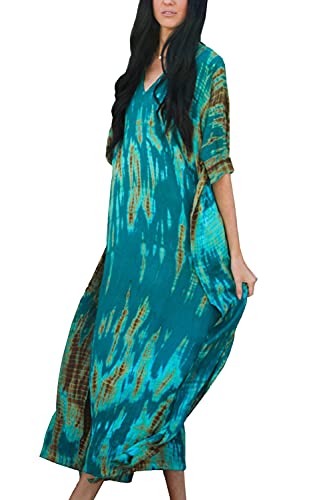 YouKD Print Floral Long Kaftan V-Neck Robe Boho Beach Swimsuit Cover Up Maxi Dress for Women