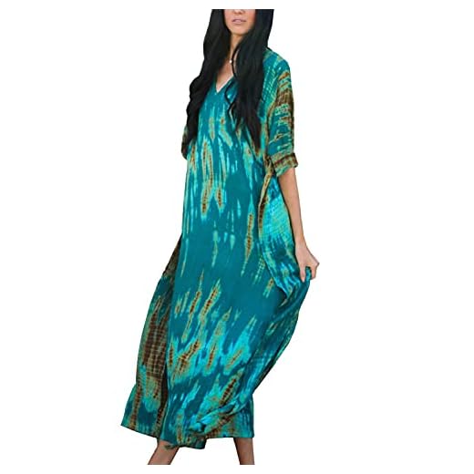 YouKD Sommar lång kaftan bohemisk strand kimono baddräkt täcka plus size klänning för kvinnor, B mörkgrön, en storlek