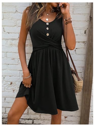 Image of SweatyRocks Women's Sleeveless Twist Button Front Scoop Neck Mini Swing Dress