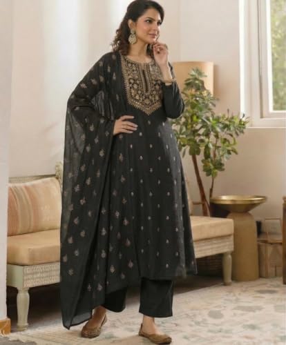 Image of ANNI Designer Women's Viscose Straight Printed Embroidery Kurta with Pant & Dupatta | Long Sleeve Ethnic Kurta Set for Women | Casual Office, Daily, Party Outfits