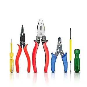 SnokTool Pack of 5, 1 pcs. Combination Plier 200mm, 1 pcs Wire Stripper 130mm, 1 pcs LIne Tester, 1 pcs Nose Plier, 1 pcs. 2in1 screwdriver, Cutting Plier For Home uses (Multicolor)
