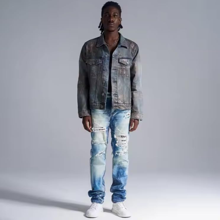 Men's Straight-Leg Mid-Rise Denim Jeans, Tie-dye, Holey, Slim-fit, Long Pants, Casual Street Style Men's Jeans2