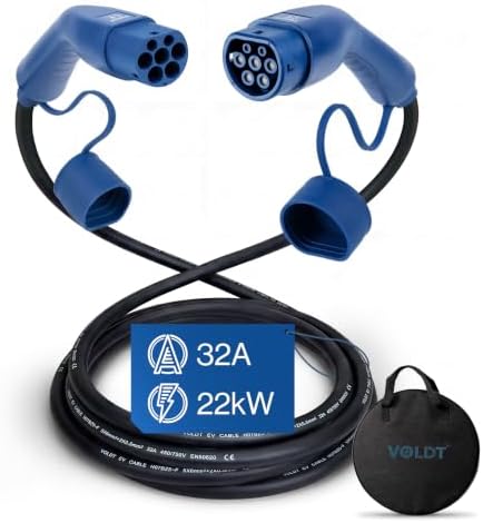 VOLDT Typ 2 Ladekabel 22 kW 32A, 3-phasig für EV Elektroautos PHEV, Typ 2 zu typ2 Modus 3 Ladekabel, geeignet für Modell S/X/Y/3, ID.4, E-Tron, e-208, I4, IX1, Zoe etc IP67-geschüt