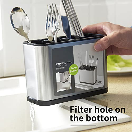 Kitchen Utensil Holder, Stainless Steel Flatware Organizer For Countertop, 4 Divided Utensil Caddy Counter For Spoon, Fork, Spatula (Large) #TOP4